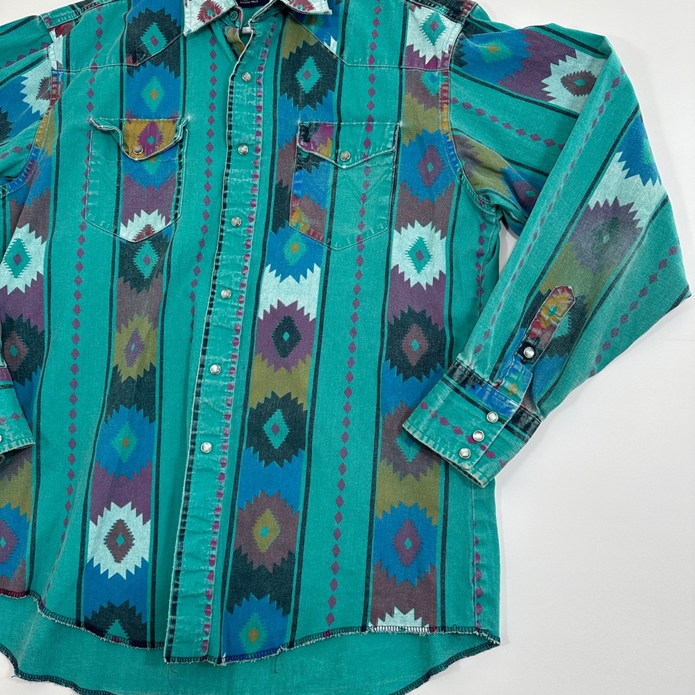 Vintage Wrangler Brushpopper Pearl Snap Shirt 16.5/35 Striped Aztec 90s USA RARE - Picture 3 of 12